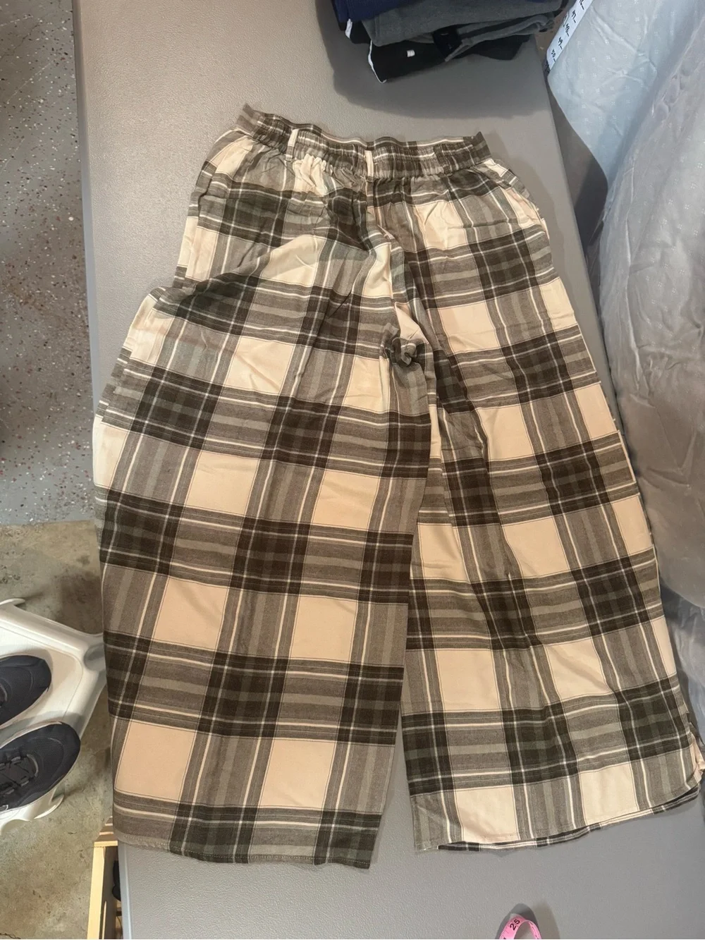 Free People Wide Leg Plaid Pants in Cream and Brown - Picture 1 of 4